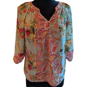 Floral Paisley V-Neck Women's Blouse - Yellow with Pink & Green SP Petite Small